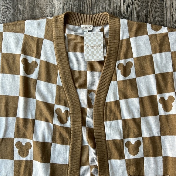 Disney Sweater Brown and White Checkered Mickey Mouse Cardigan Size Large - Picture 5 of 12
